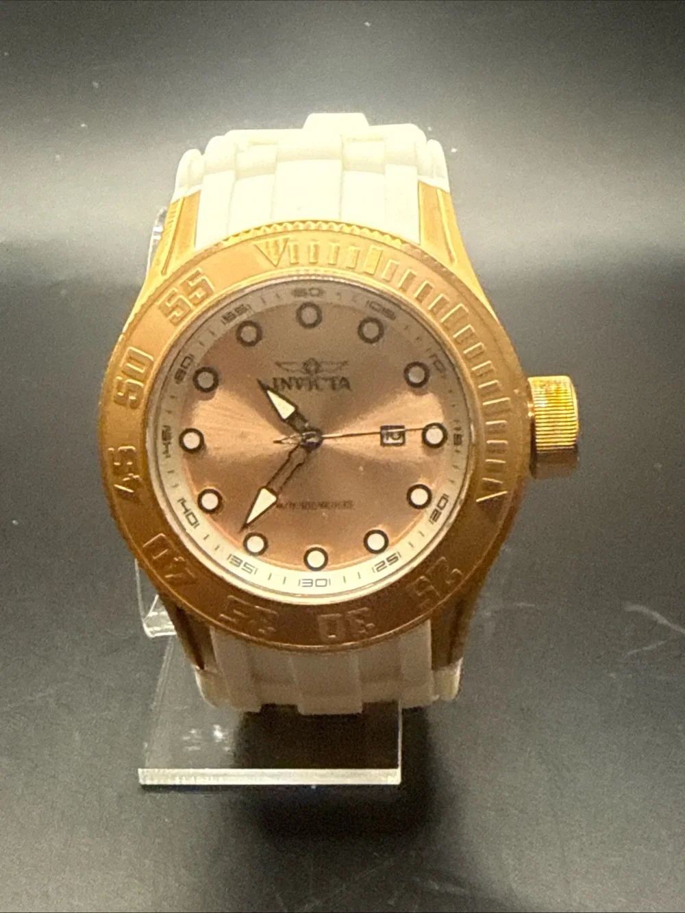 Invicta Gold Bezel Rose Gold Dial White Strap Watch